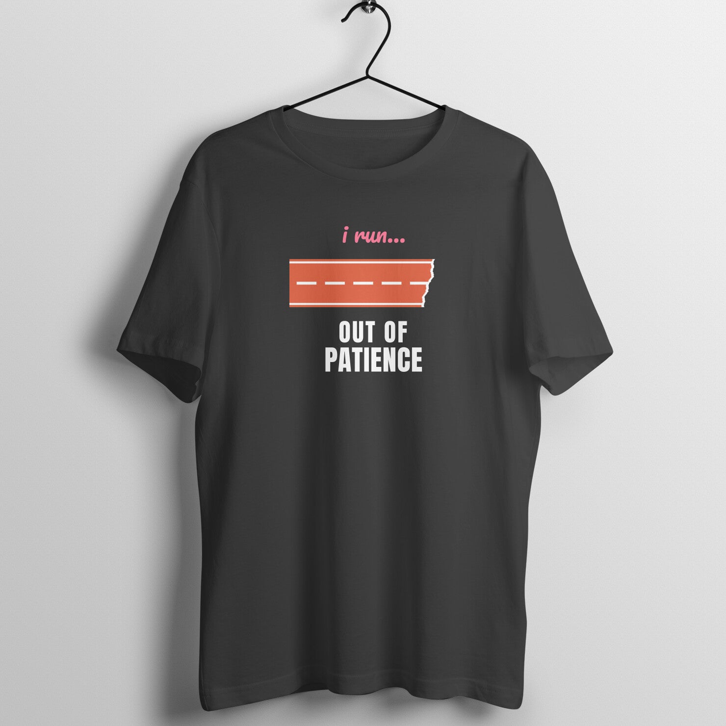 I Run Out Of Patience box fit gym t shirt for women in Black, front view
