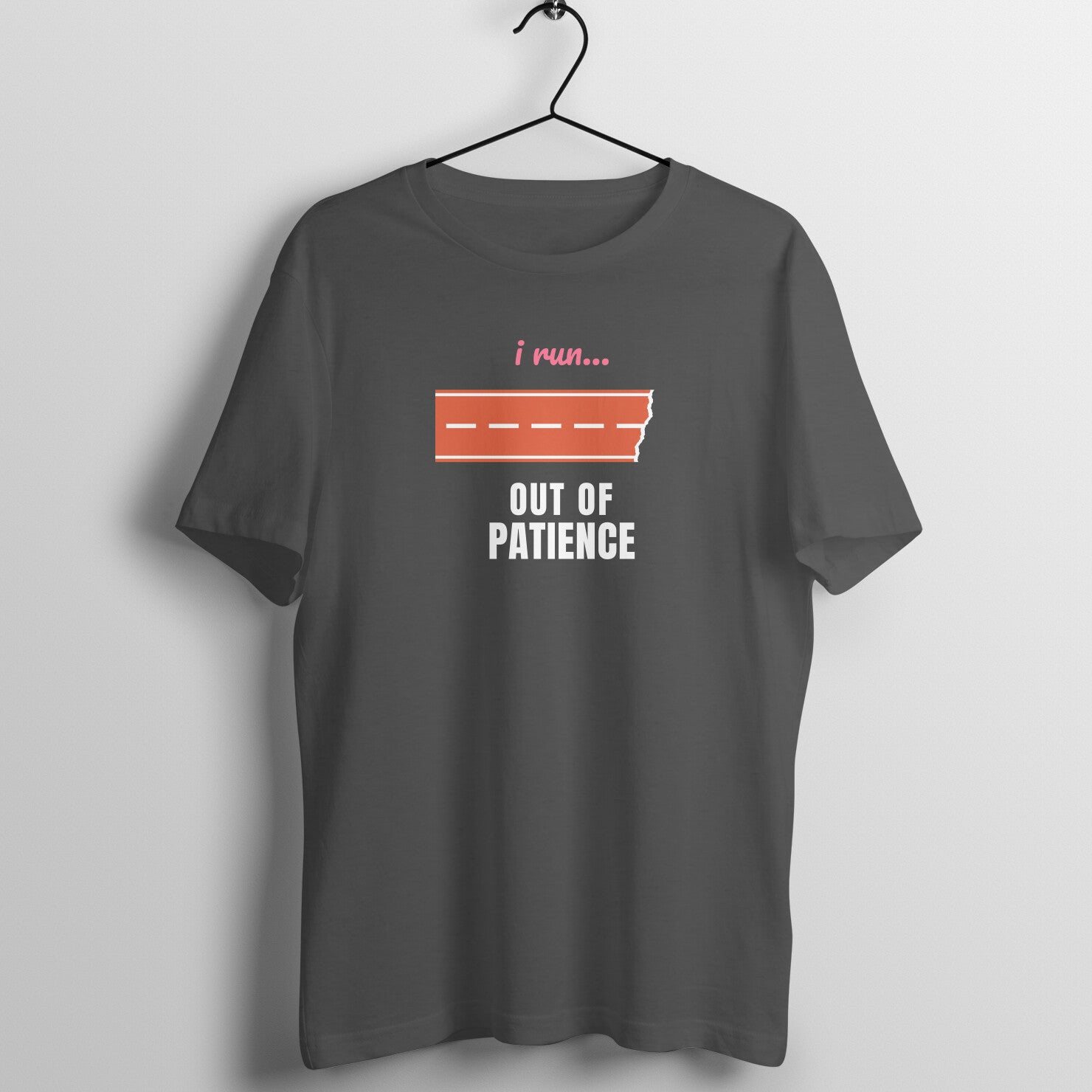 I Run Out Of Patience box fit gym t shirt for women in Charcoal Grey, front view