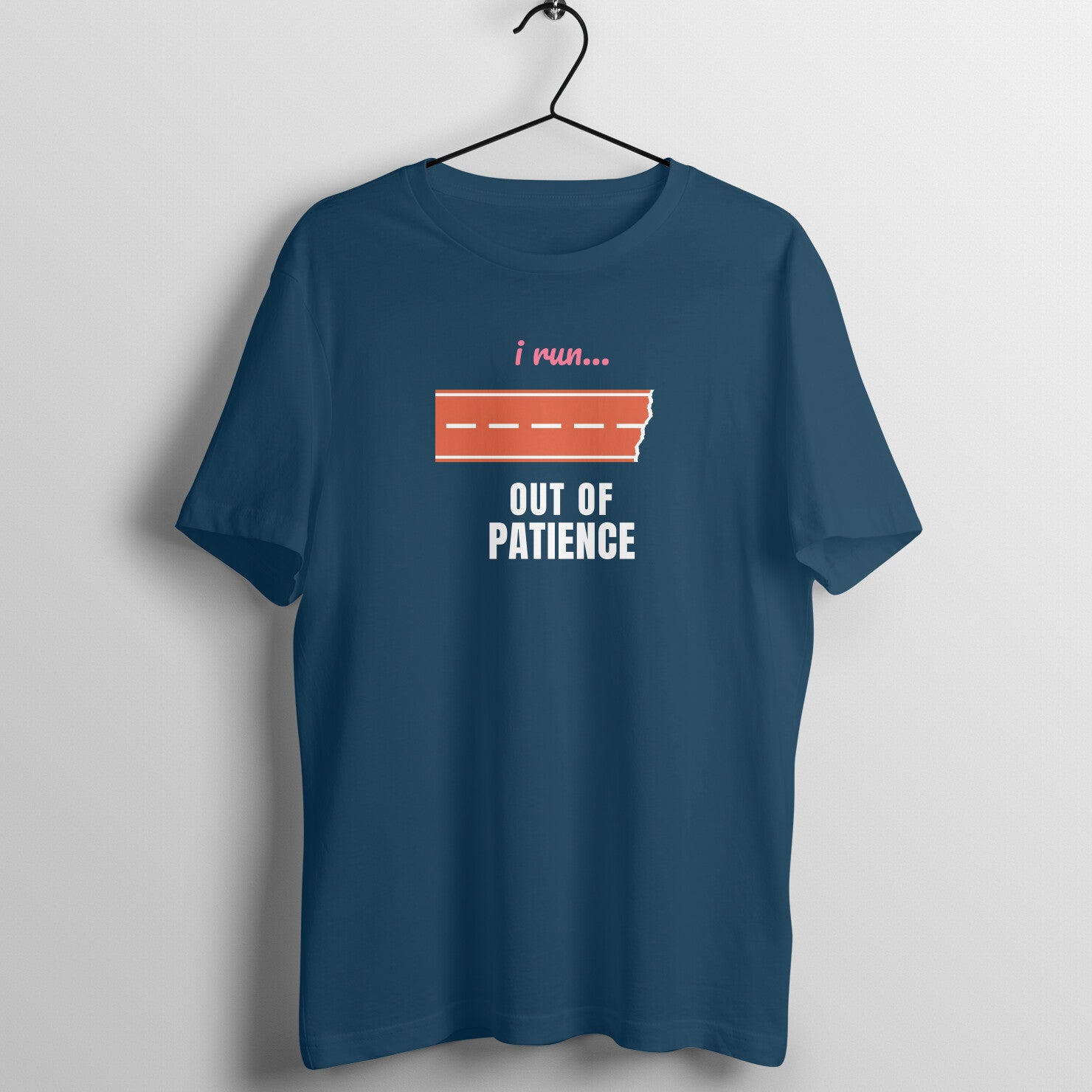 I Run Out Of Patience box fit gym t shirt for women in Navy Blue, front view