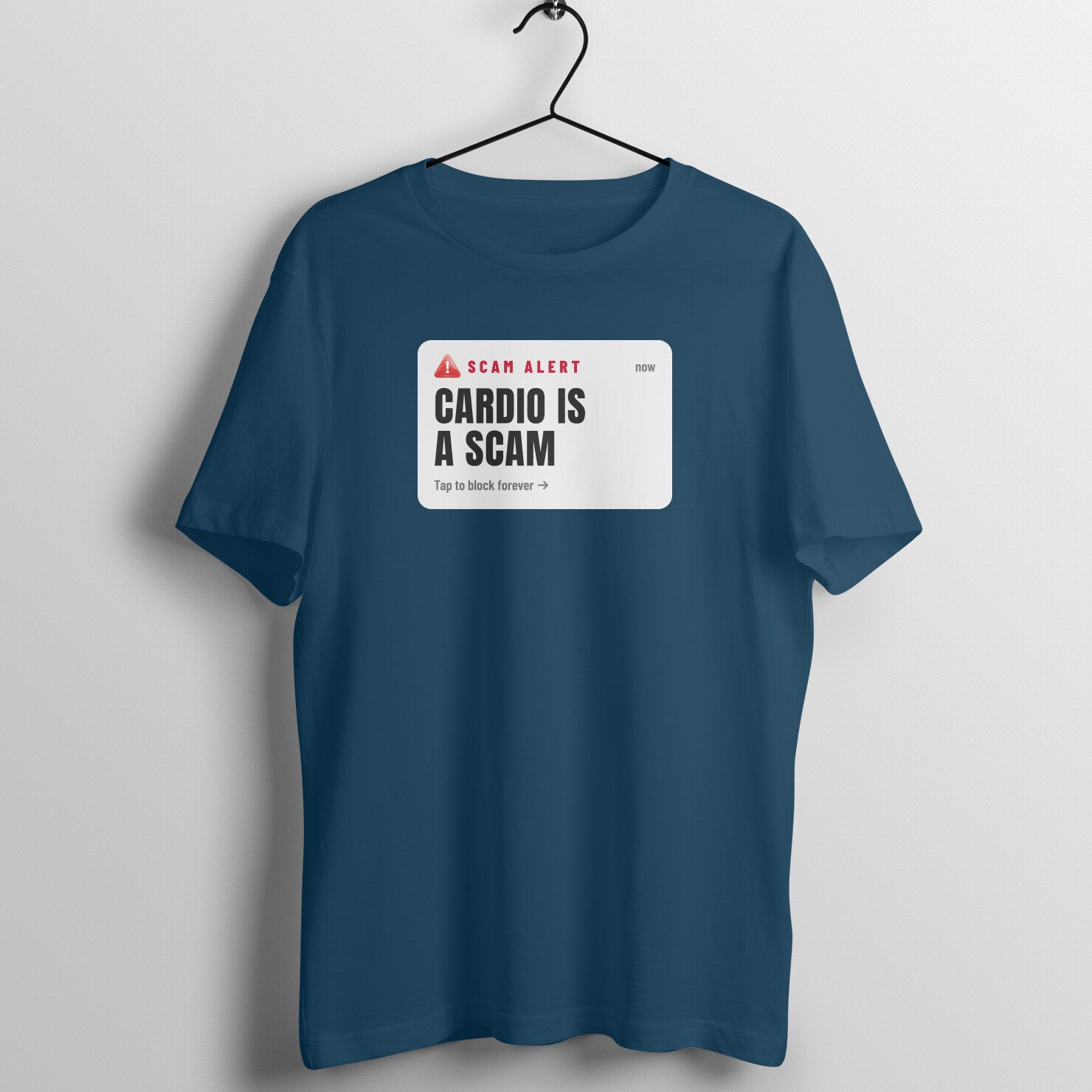 Cardio Is A Scam box fit gym t shirt for women in Navy Blue, front view