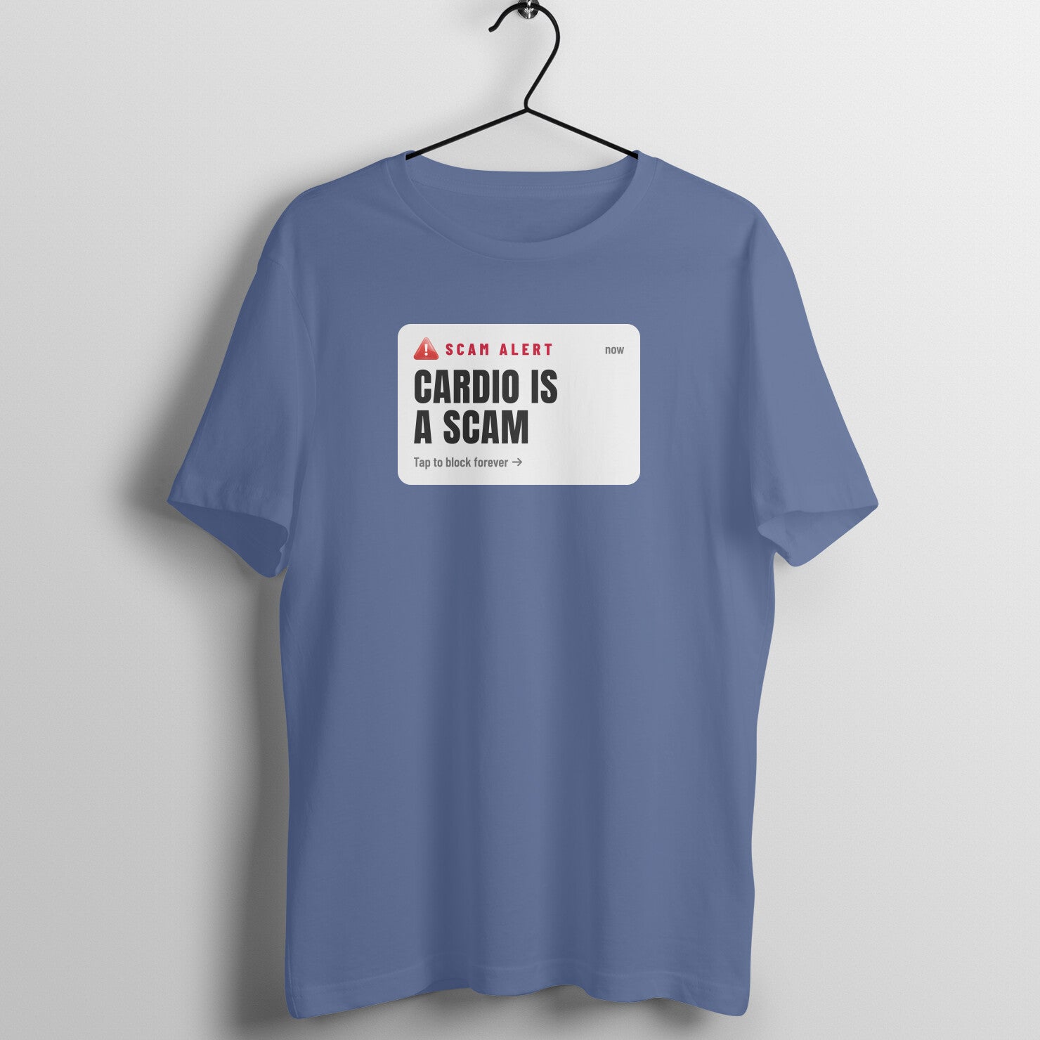 Cardio Is A Scam box fit gym t shirt for women in Smoke Blue, front view