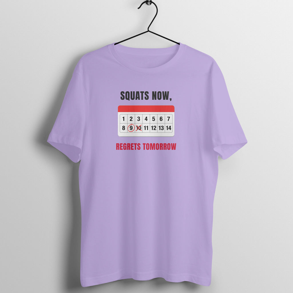 Squats & Regrets box fit gym t shirt for women in Iris Lavender, front view