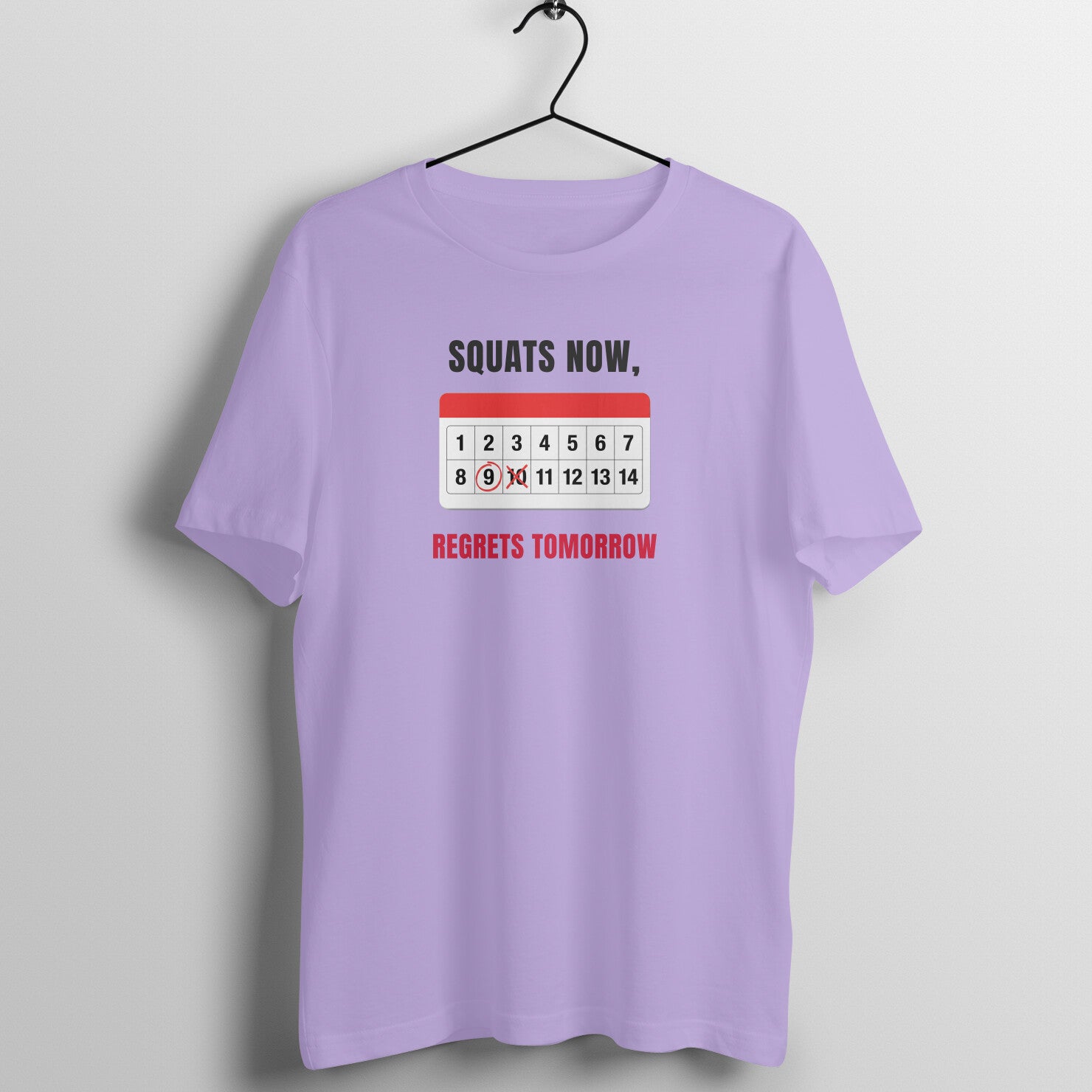 Squats & Regrets box fit gym t shirt for women in Iris Lavender, front view