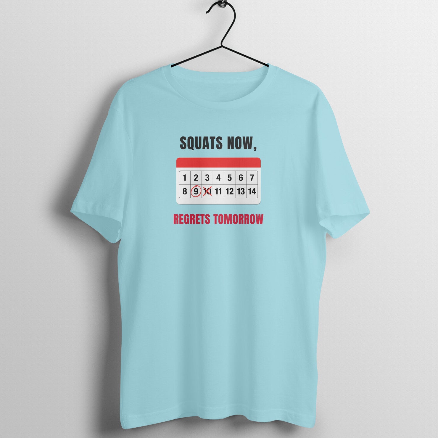 Squats & Regrets box fit gym t shirt for women in Surf Blue, front view