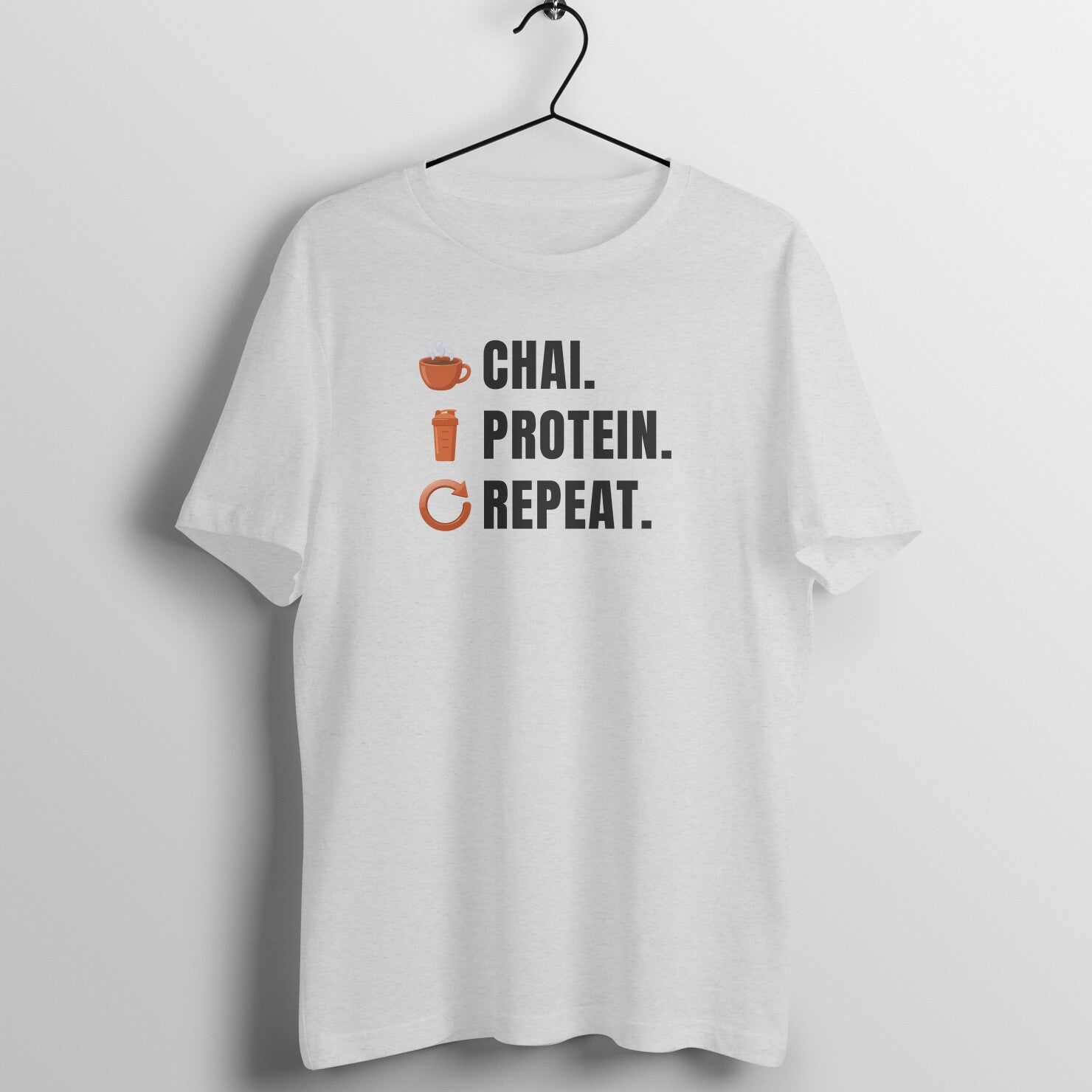 Chai Protein Repeat box fit gym t shirt for women in Melange Grey, front view