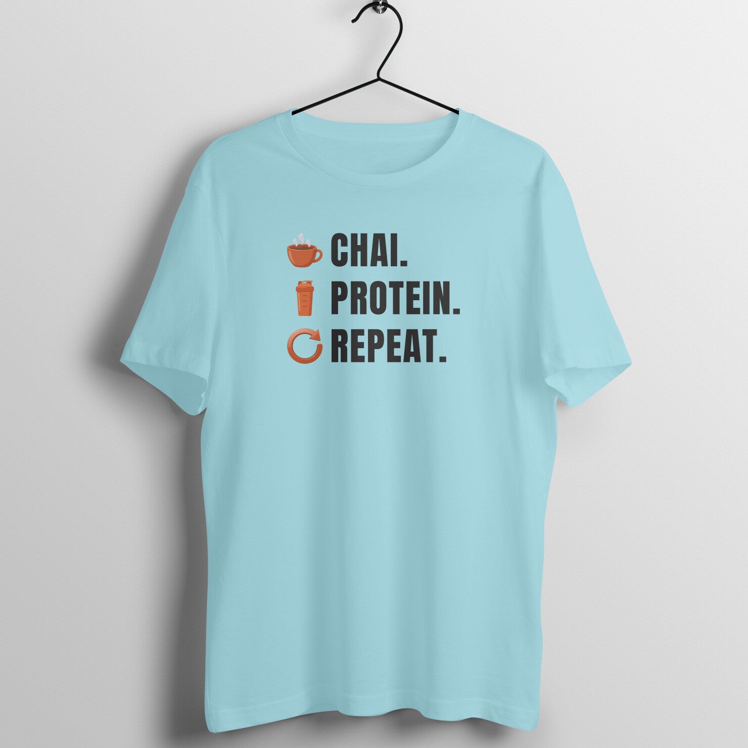 Chai Protein Repeat box fit gym t shirt for women in Surf Blue, front view