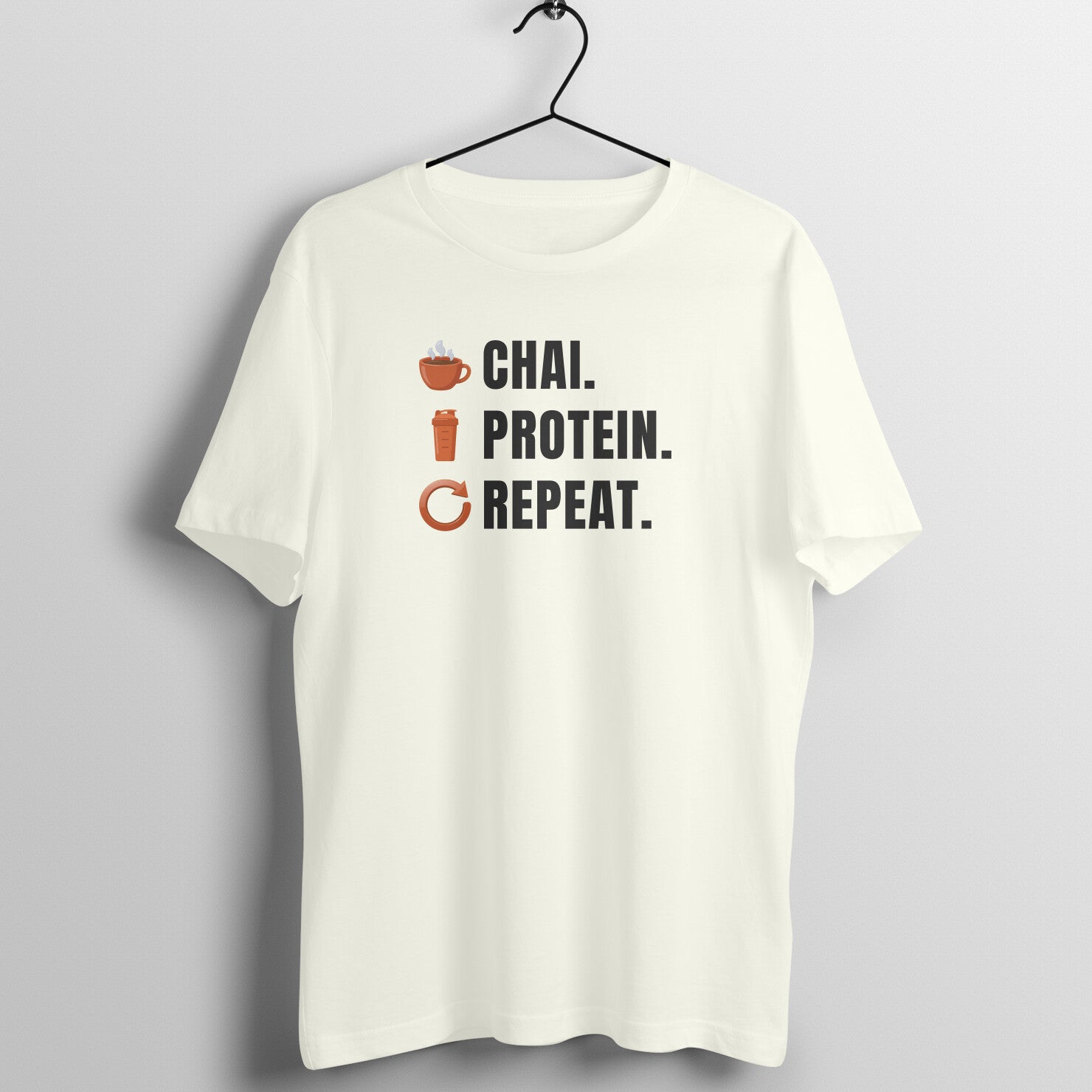 Chai Protein Repeat box fit gym t shirt for women in Ivory, front view