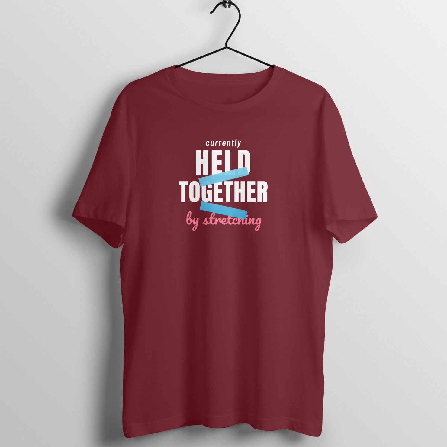 Held By Stretching box fit gym t shirt for women in Maroon, front view