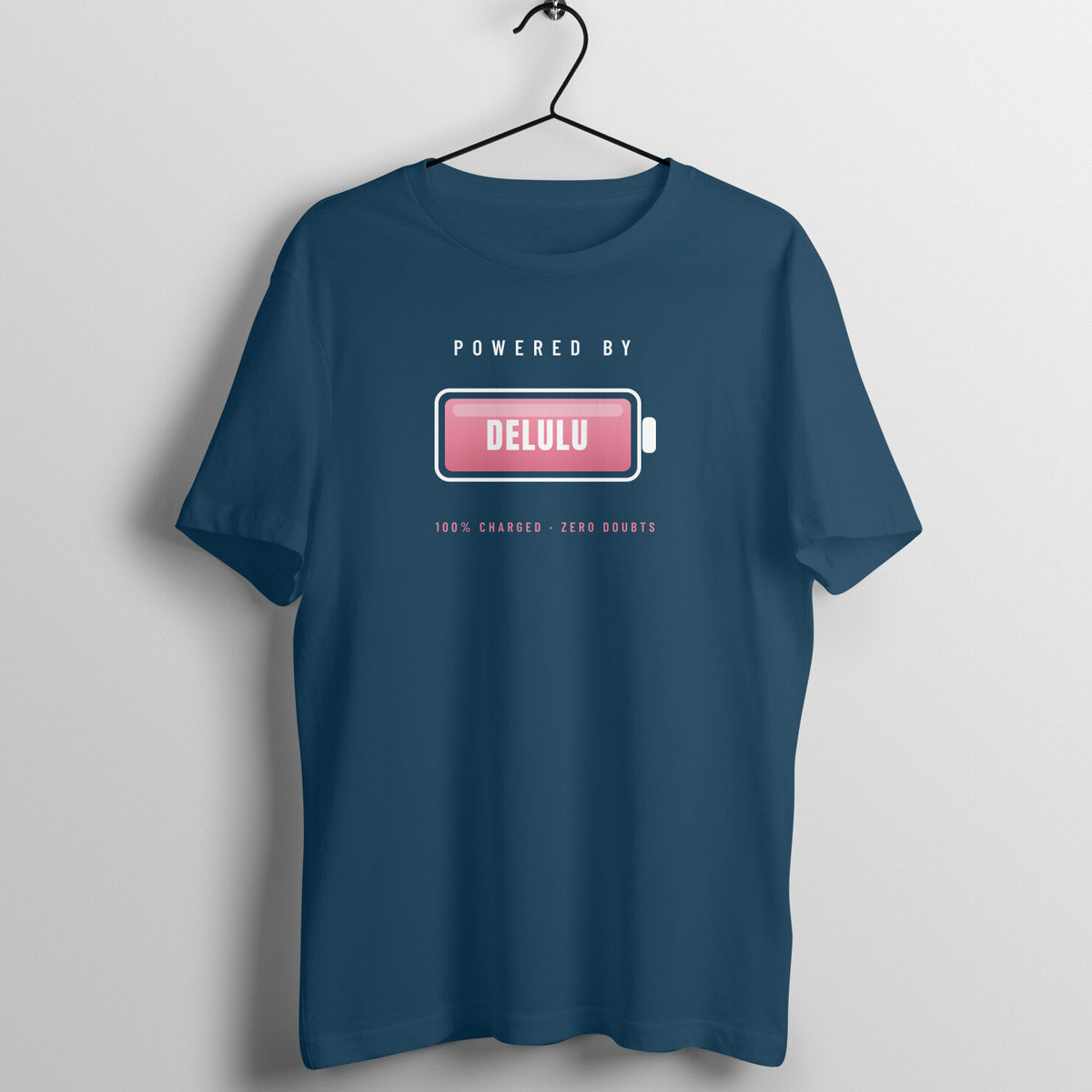 Powered By Delulu Navy Blue gym t shirt front