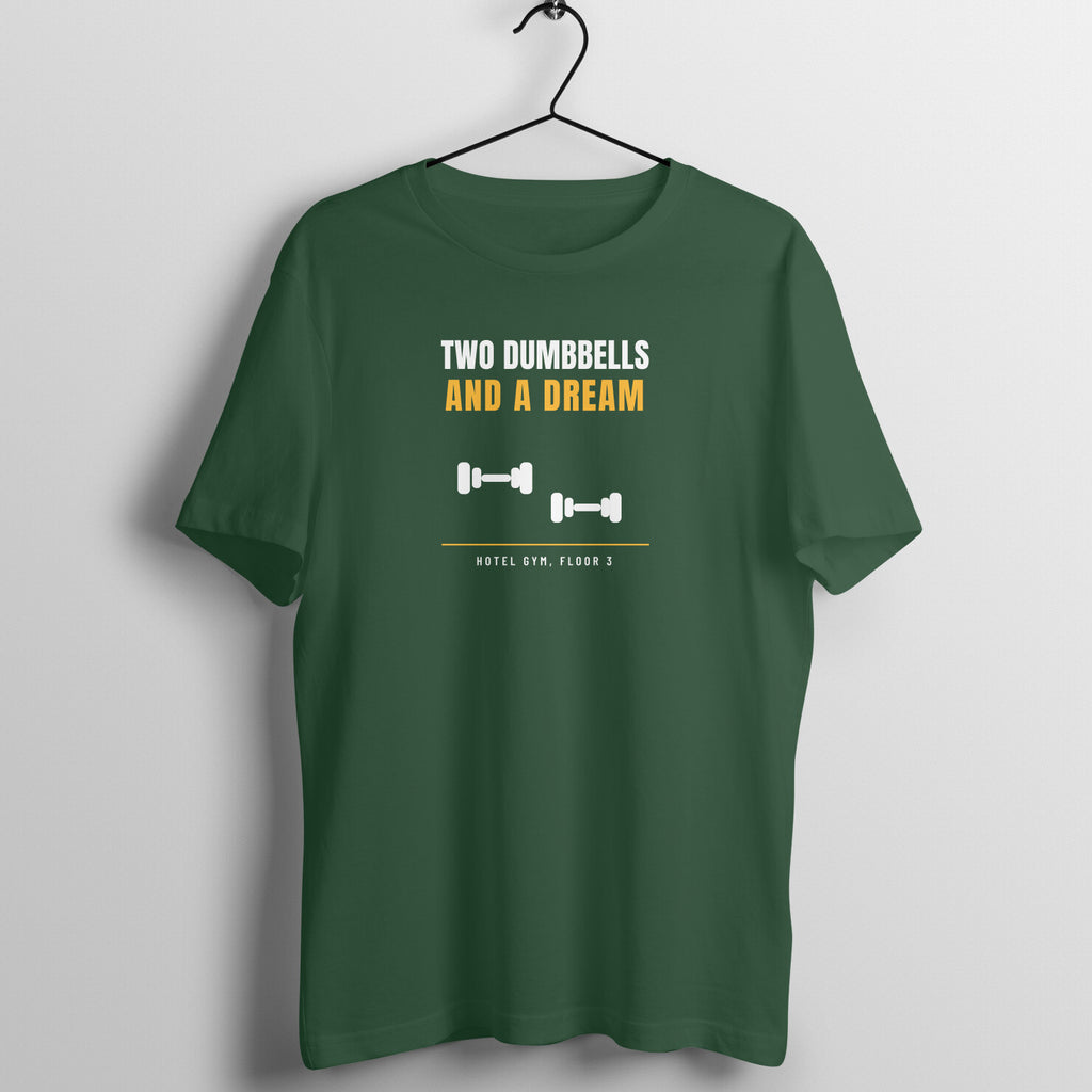 Two Dumbbells And A Dream Olive Green gym t shirt front
