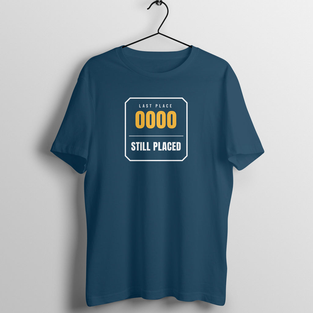 Last Place Still Placed Navy Blue gym t shirt front