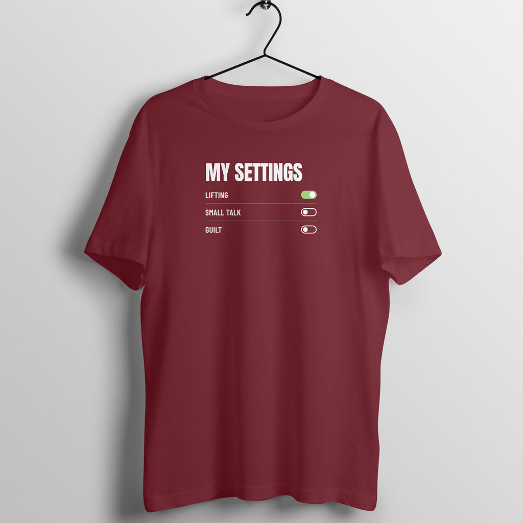 My Settings Maroon gym t shirt front