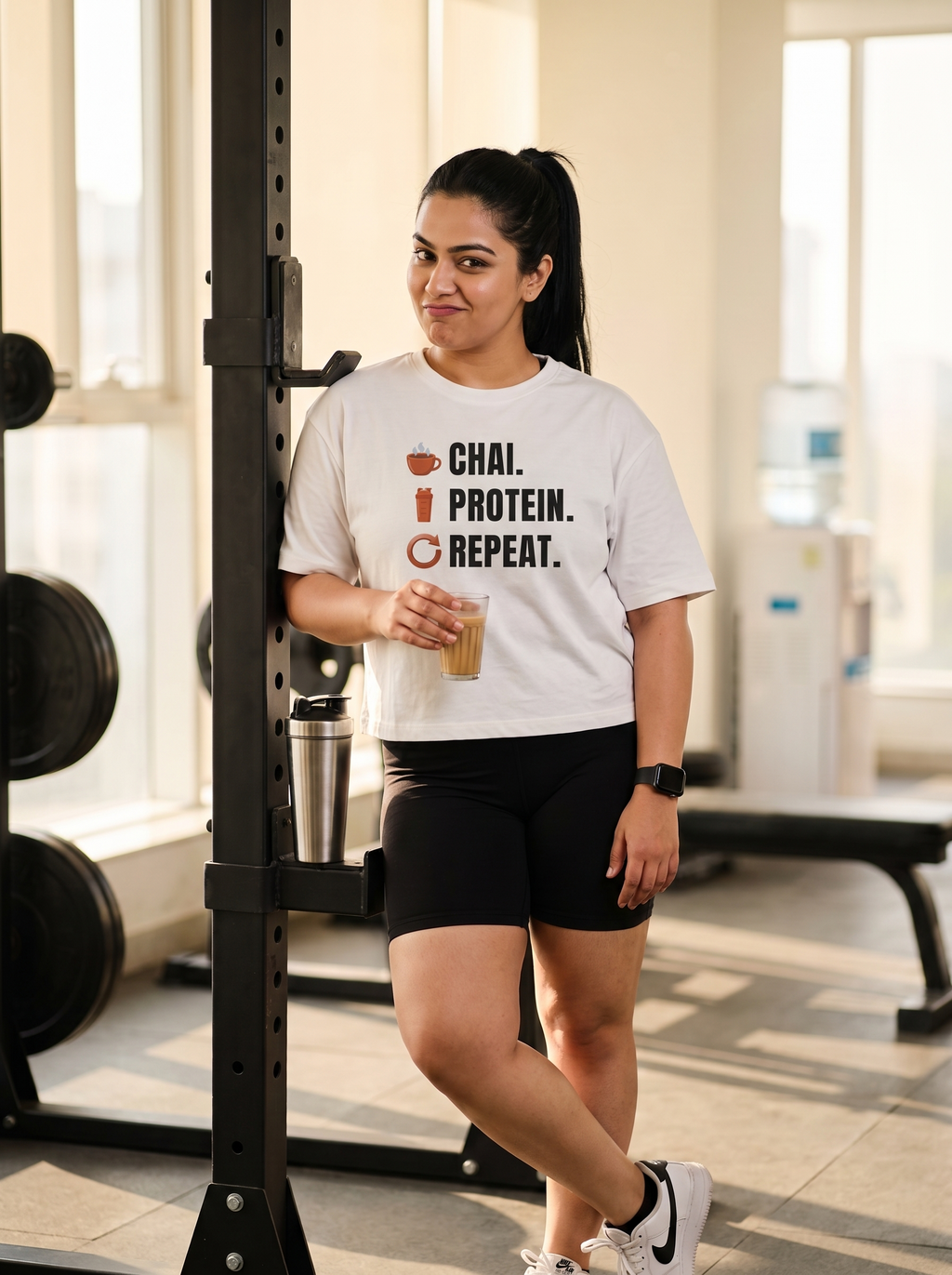 Chai Protein Repeat box fit gym t shirt for women in White, worn by a model leaning on a squat rack with a glass of chai