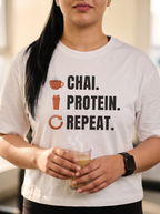 Chai Protein Repeat box fit gym t shirt for women in White, close up of the front graphic print