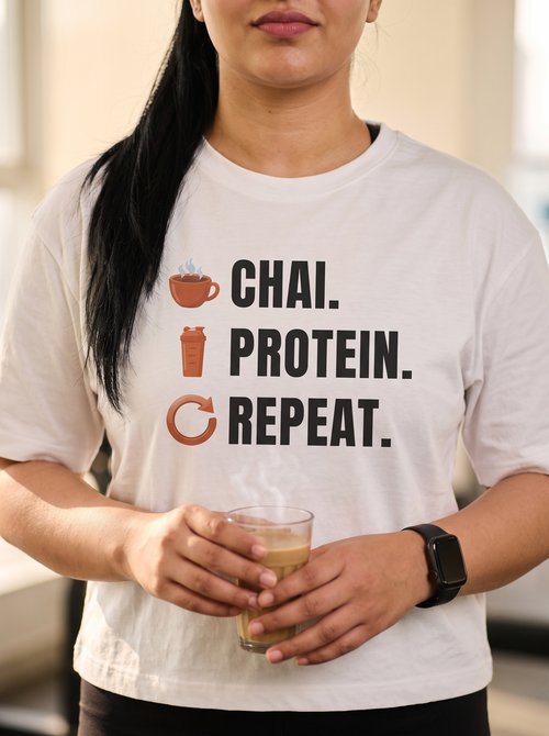 Chai Protein Repeat box fit gym t shirt for women in White, close up of the front graphic print