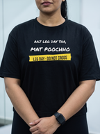 Mat Poochho box fit gym t shirt for women in Black, close up of the front graphic print