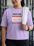 Squats and Regrets box fit gym t shirt for women in Iris Lavender, close up of the front graphic print