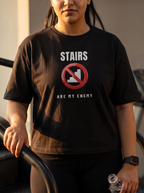 Stairs Are My Enemy box fit gym t shirt for women in Black, close up of the front graphic print