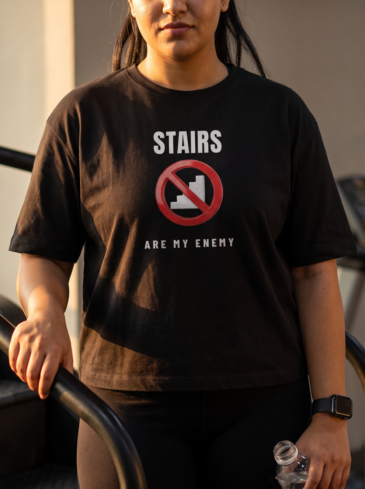 Stairs Are My Enemy box fit gym t shirt for women in Black, close up of the front graphic print