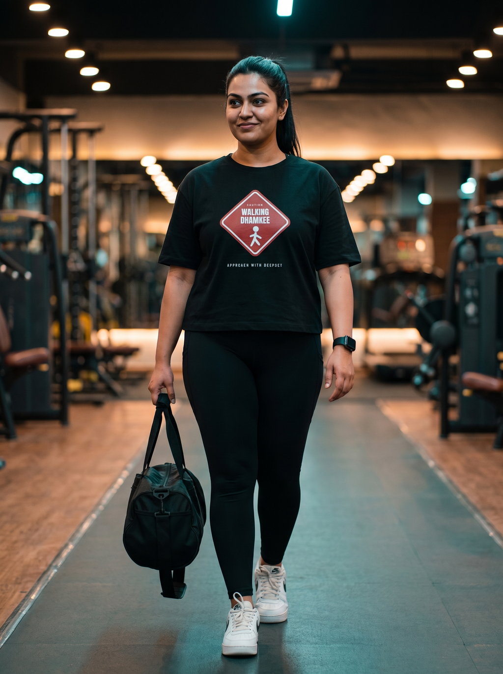Walking Dhamkee box fit gym t shirt for women in Black, worn by a model walking through the gym with a duffel bag