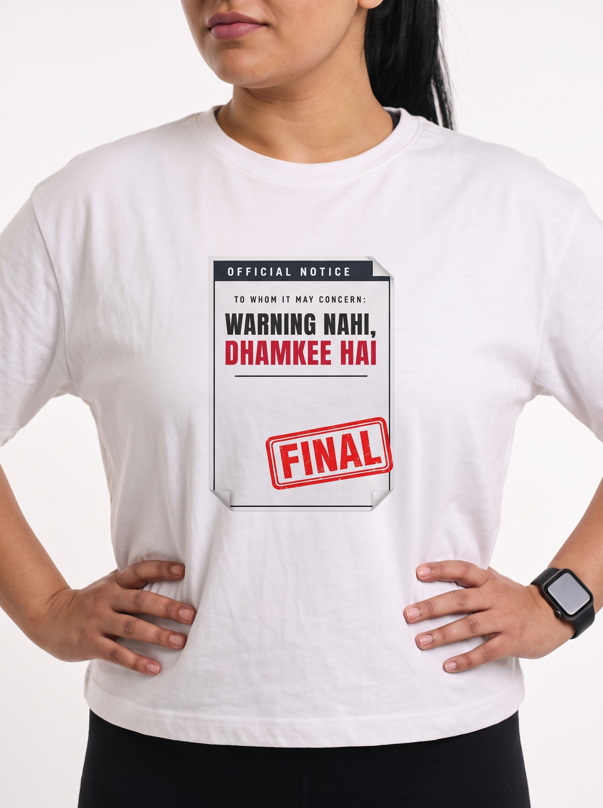 Warning Hai box fit gym t shirt for women in White, close up of the front graphic print