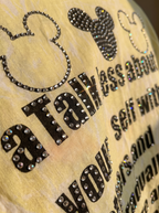 Talk Less oversized Kora cotton shirt, close up of the hotfix rhinestones tracing the back print