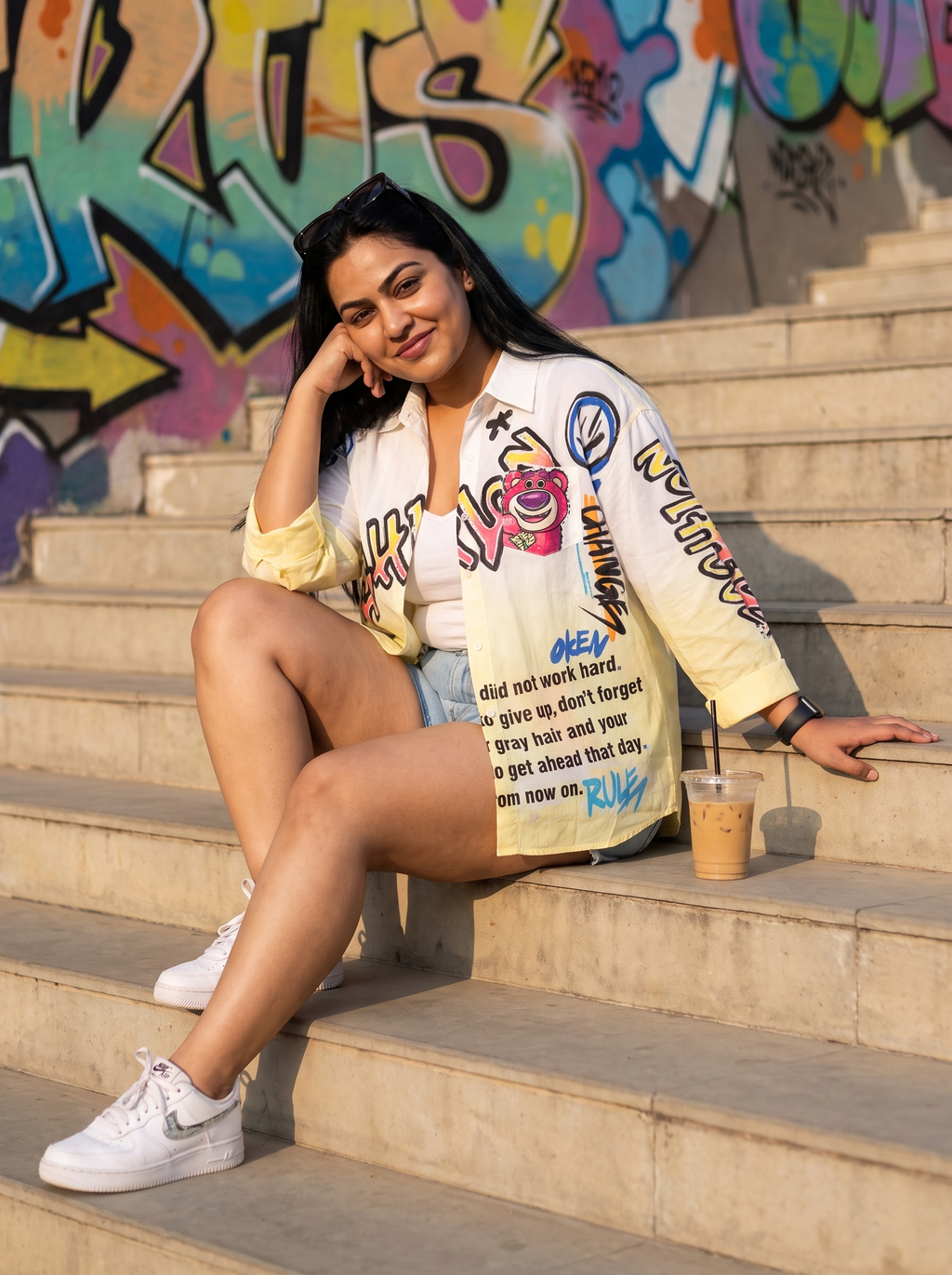 Change oversized Kora cotton shirt in white to butter yellow ombre with graffiti print, worn open on sunlit steps