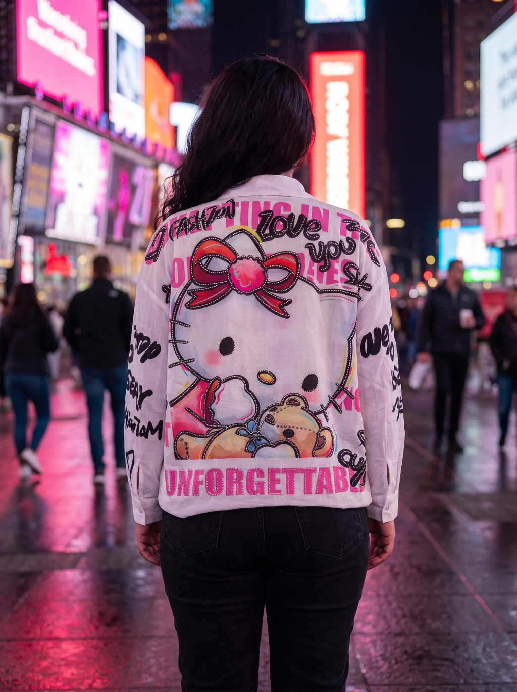 Back view of the Unforgettable oversized Kora cotton shirt showing the graphic with rhinestone detail on a neon lit street
