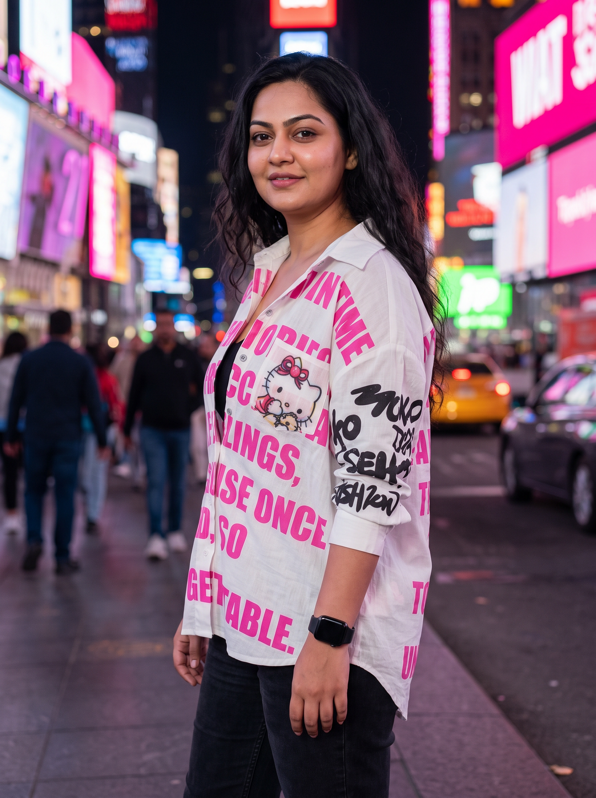 Side view of the Unforgettable oversized Kora cotton shirt worn open on a neon lit street at night