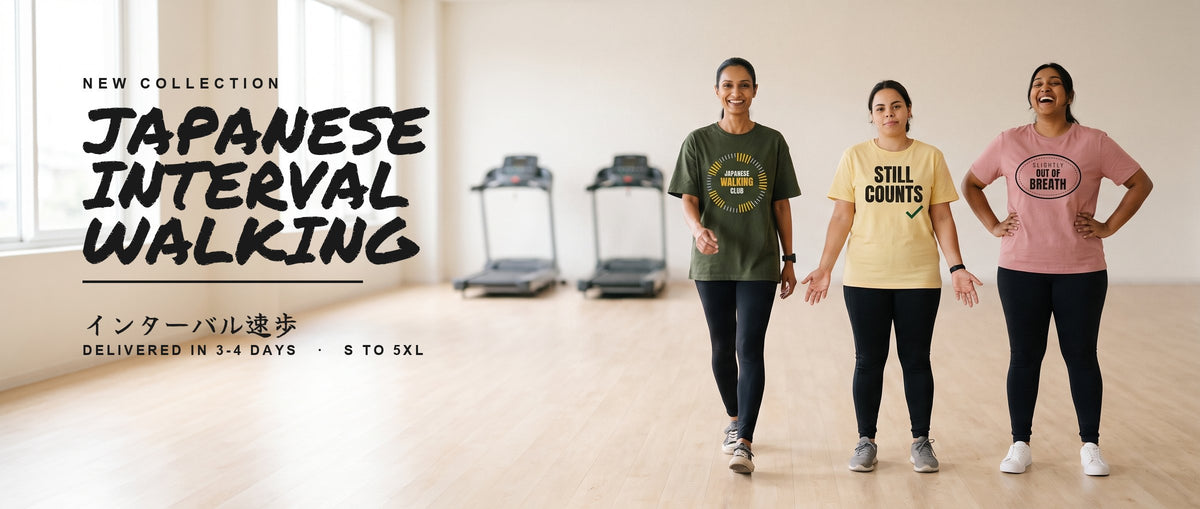 Three women in Dhamkee walking tees, Japanese Interval Walking new collection